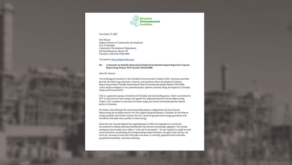 Members of the Glendale Environmental Coalition Steering Committee have submitted comments on the PR-DEIR for the Grayson Repowering Project.